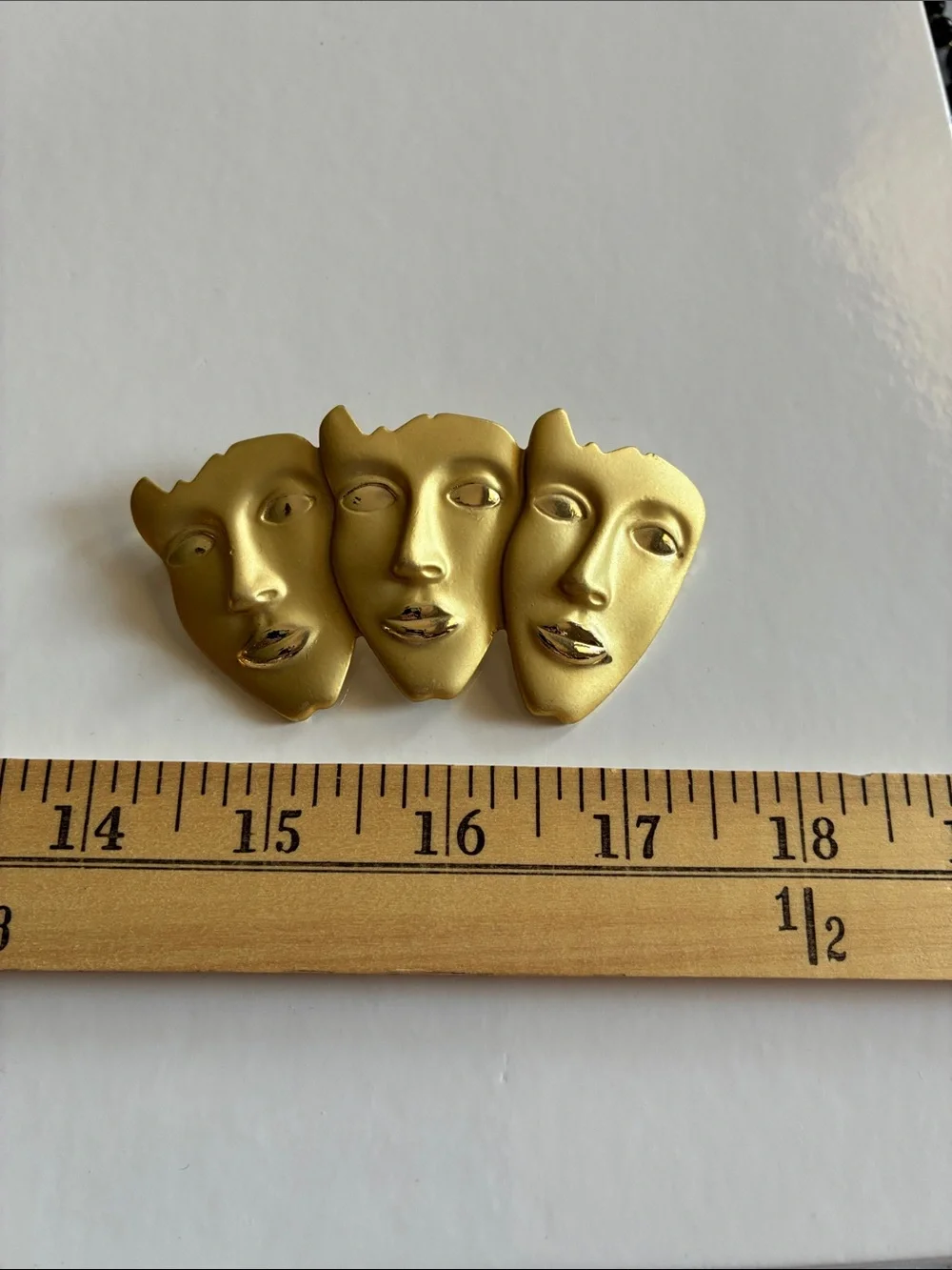 Vintage Gold Tone Triple Face Brooch Pin - Women Accessories